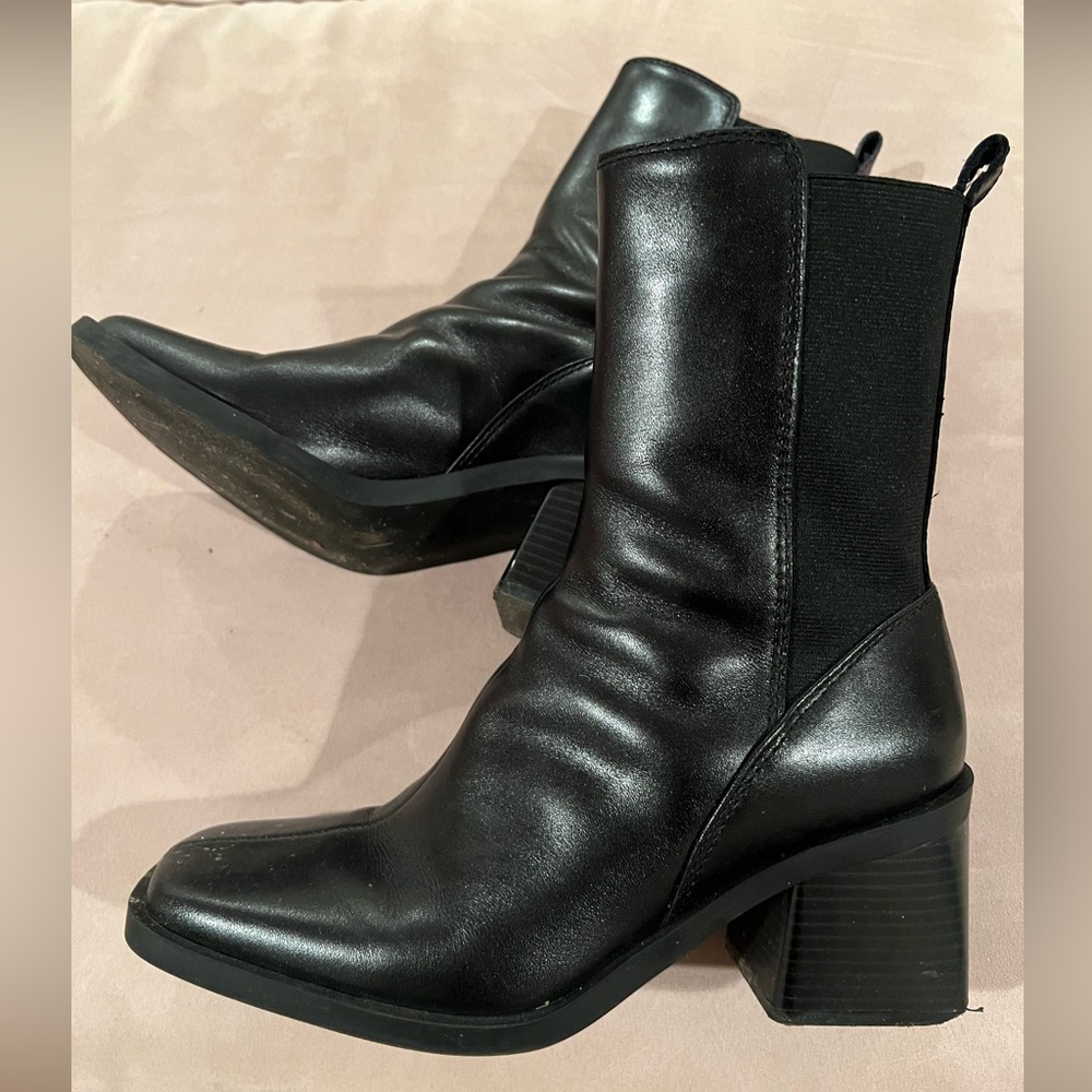 Zara Square Toe Block Heel Leather Boots